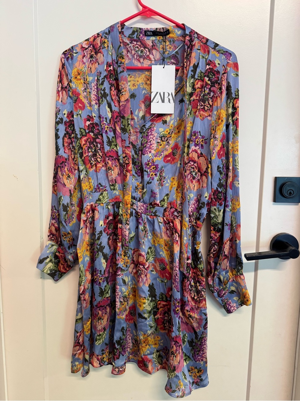 ZARA Blue Floral V-Neck Long Sleeve Dress, Medium